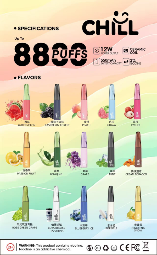 【滿10送1】🌟 CHILL 一次性抛棄式電子煙💨 8800口超長持久💥 | 10種口味任你選🍒🍏 | 熱門爆款🔥 立即體驗！